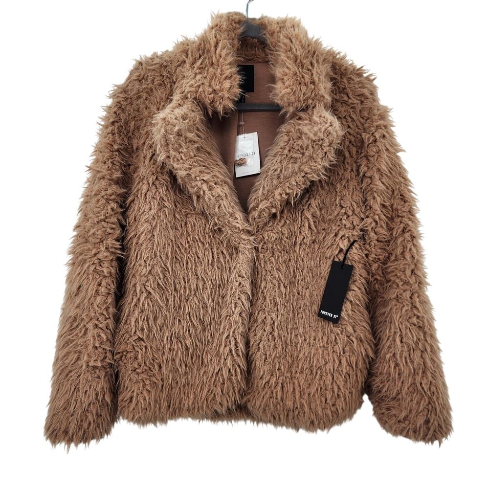 New NWT Forever 21 Faux Fur Coat Tan Brown Size Small Oversized